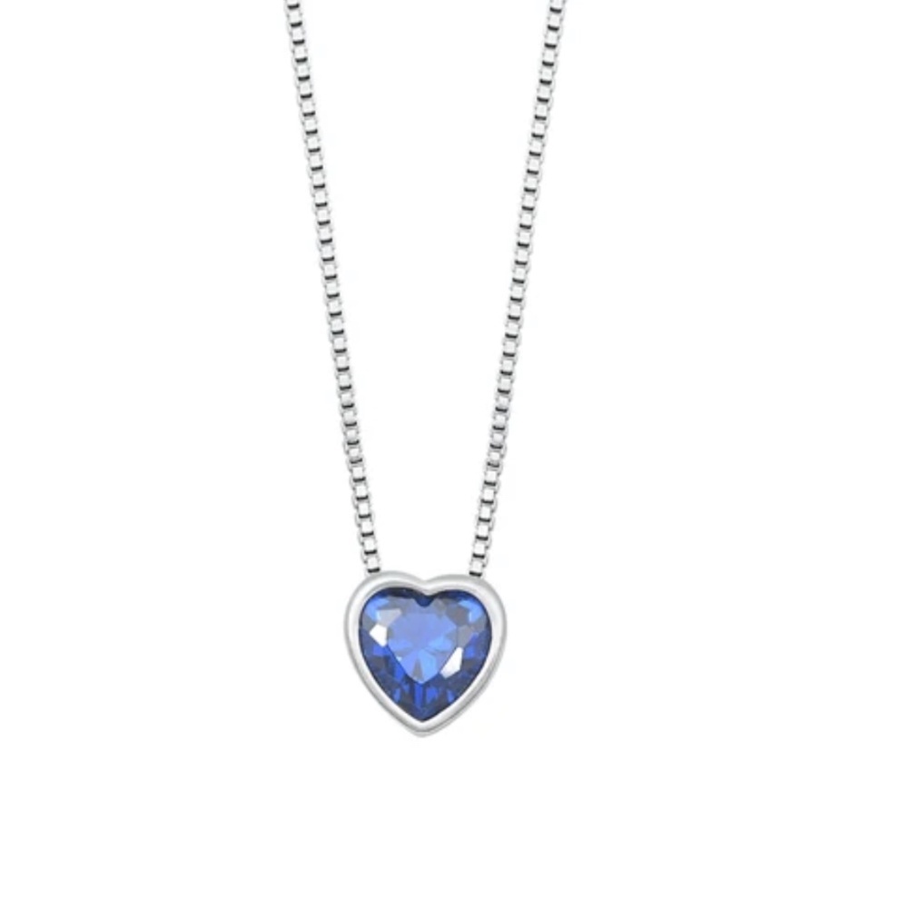 Sterling Silver Blue Heart Pendant Necklace – Sapphire CZ – 16” + 2” Extension